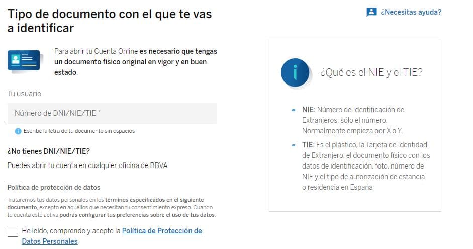Formulario de registro en BBVA