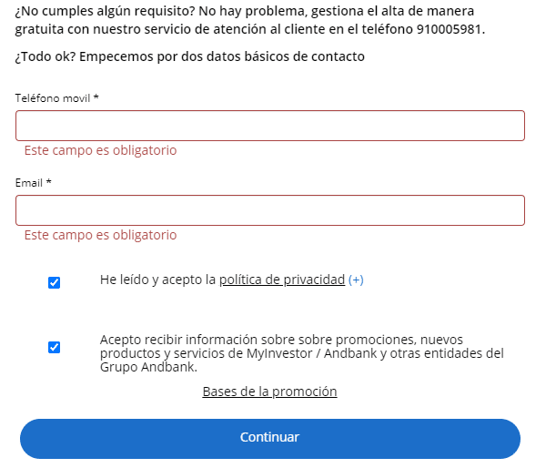 Formulario de registro myInvestor