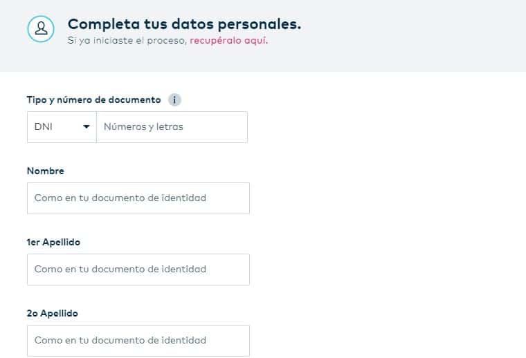 Formulario de registro Openbank
