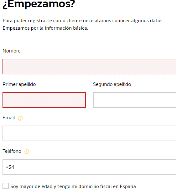 Formulario de registro de Renault Bank