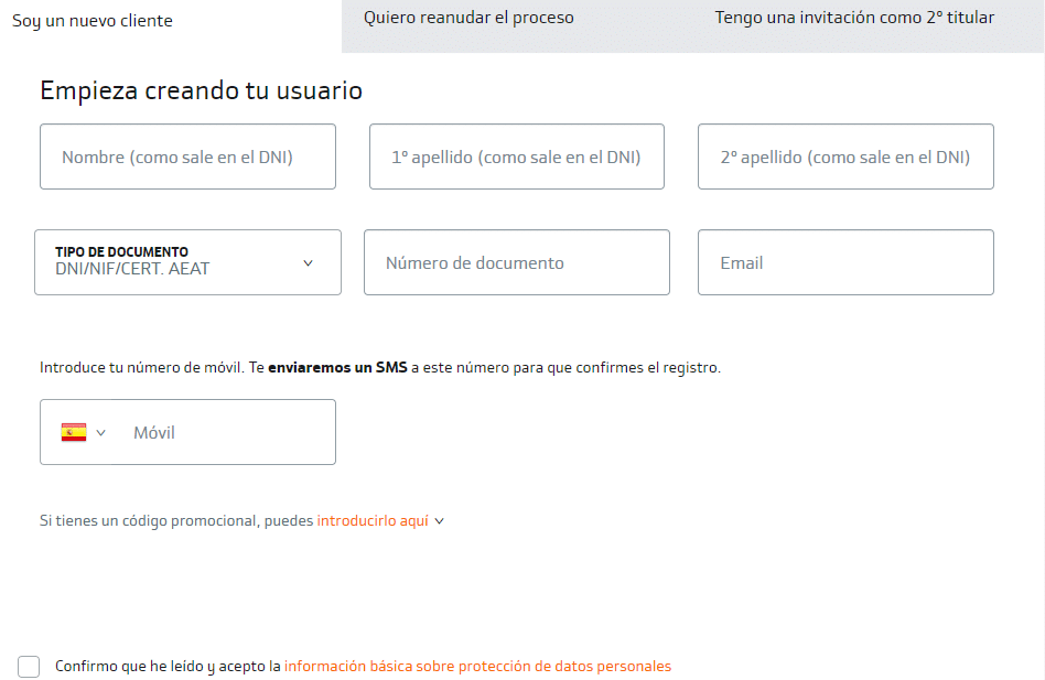 Formulario de registro de Bankinter