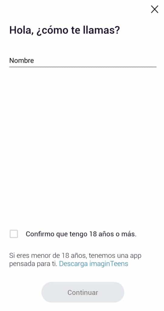 Formulario de registro de Imagin Bank