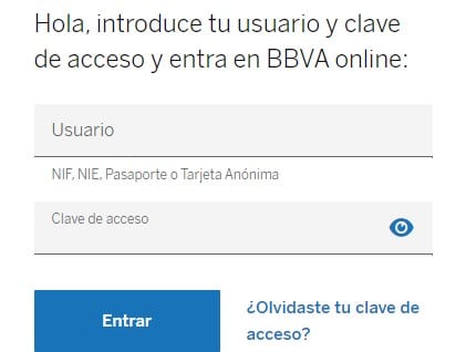 Formulario para acceder al Área de Clientes BBVA Online