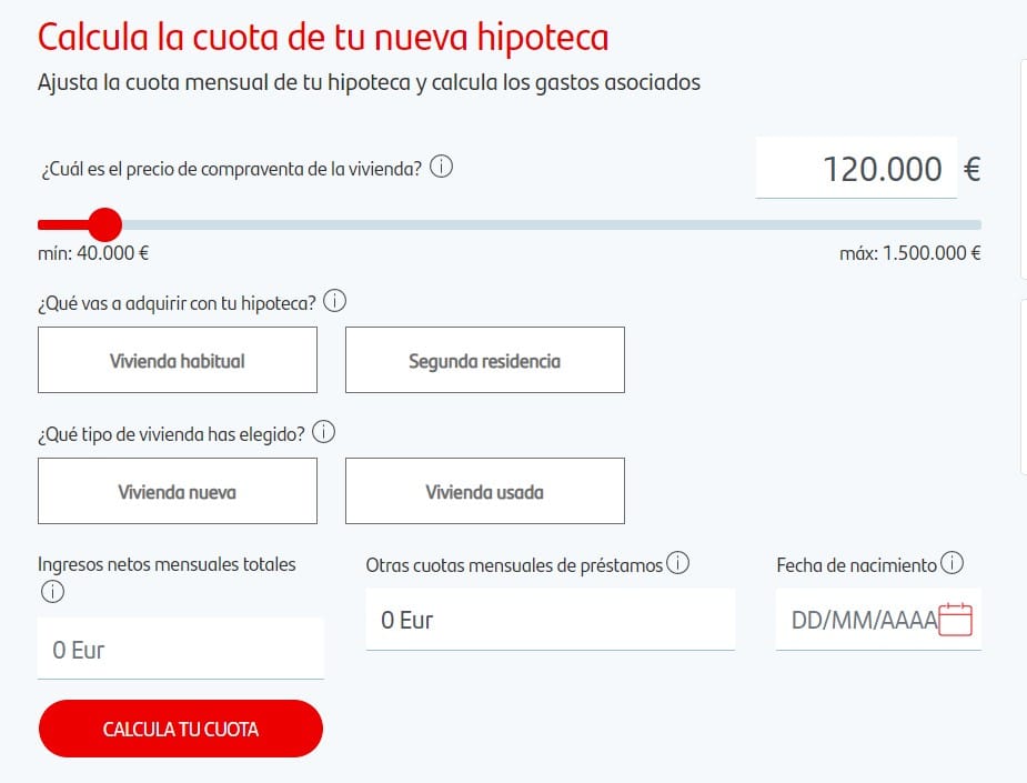 Simulador de hipotecas del Banco Santander